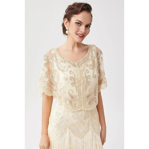 Babeyond 1920s Shawl Wraps Beaded Evening Cape Bridal Shawl Cover Up (Beige) - Picture 2 of 6